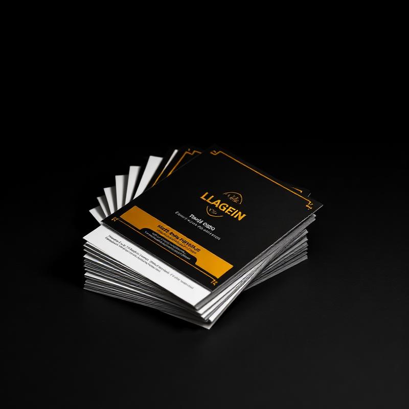 Fanned stack of black and gold foil business cards