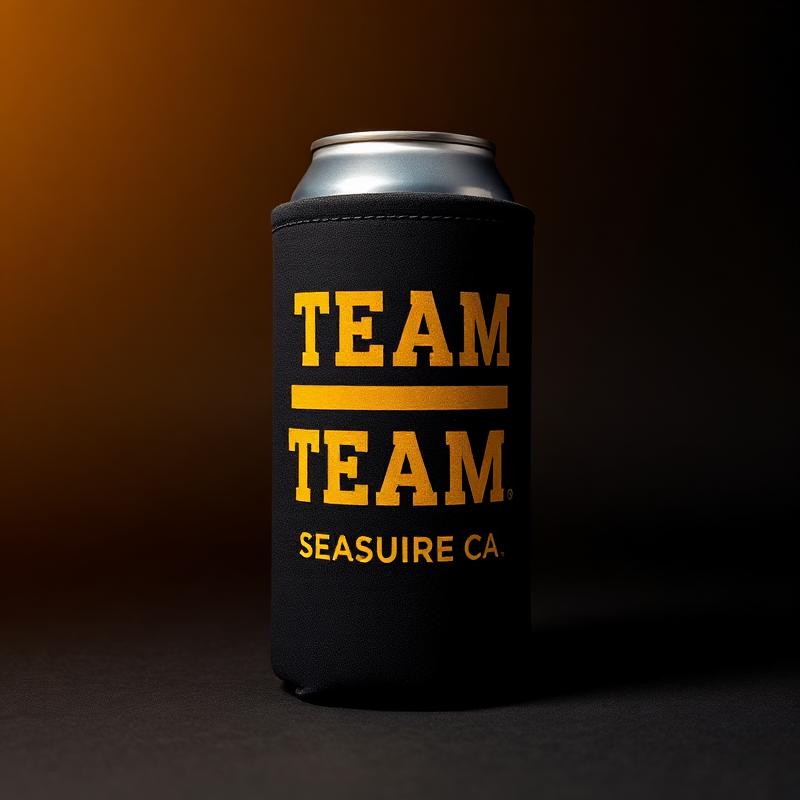 Stack of custom printed black and gold can koozies
