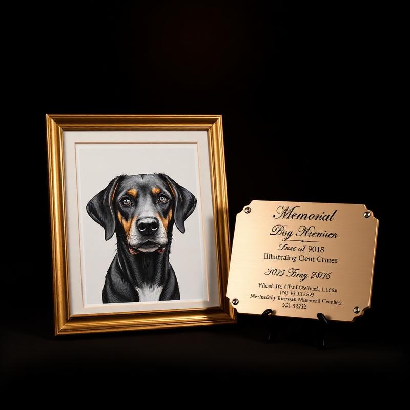 Framed custom pet portrait beside an engraved memorial plaque