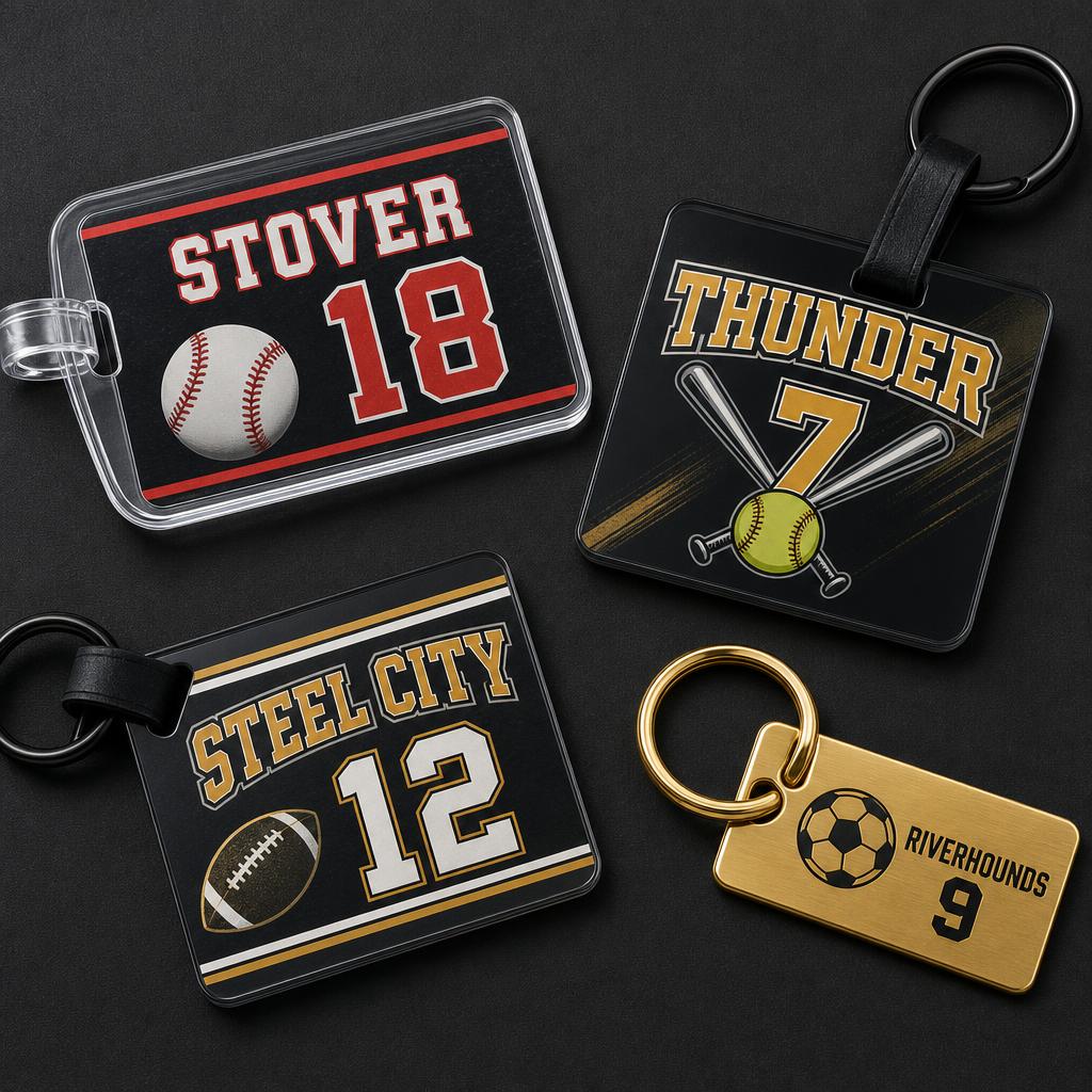 Custom printed bag tags and engraved metal keychains