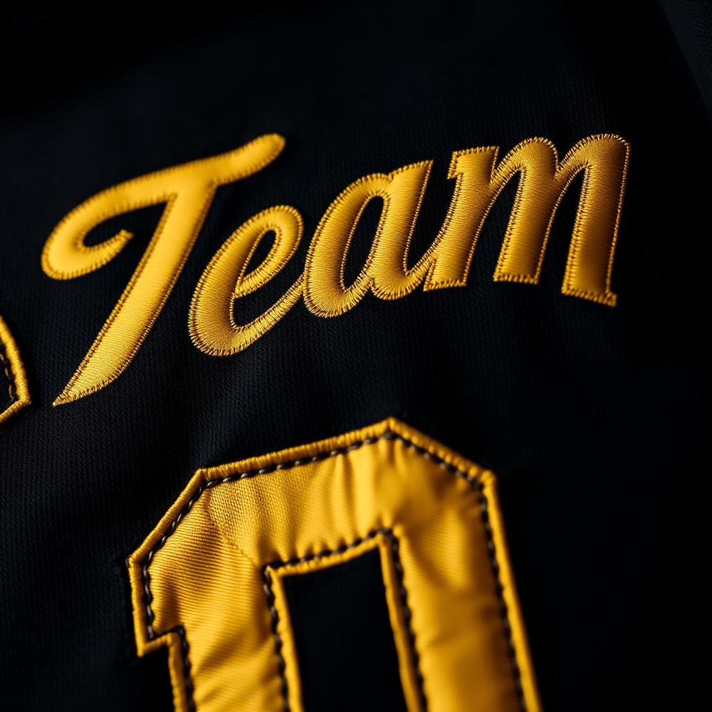 Close-up of screen-printed team lettering and stitched number detail on a Pittsburgh youth sports hoodie.