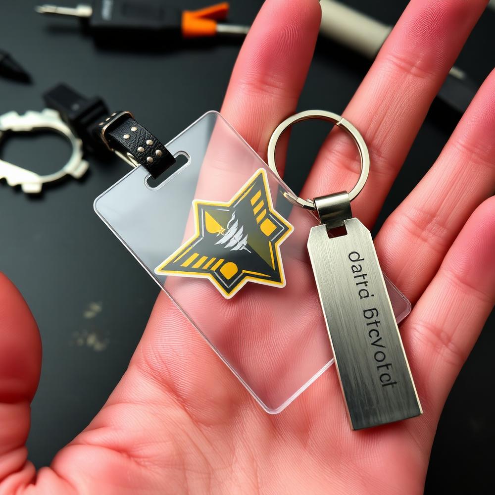Close-up of a printed acrylic team bag tag showing edge finish and full-color artwork, made in Pittsburgh.