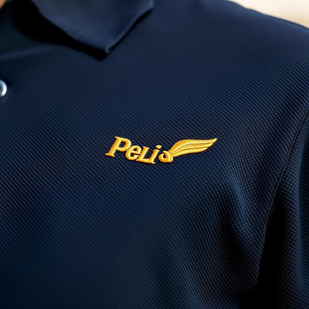 Close-up of an embroidered company logo on a Pittsburgh-made branded work shirt.