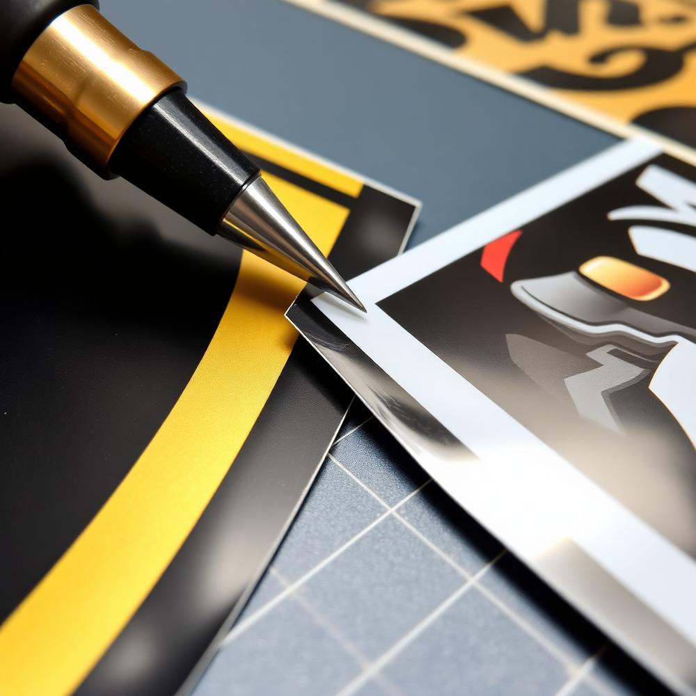 Close-up of cut vinyl decal edges and printed magnet detail on Pittsburgh-made custom decals.