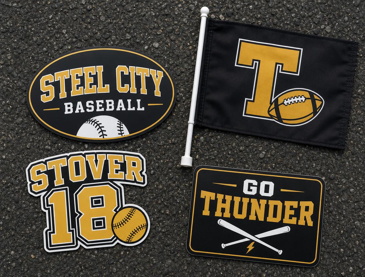 Vinyl decal roll with custom car magnets and a printed team flag