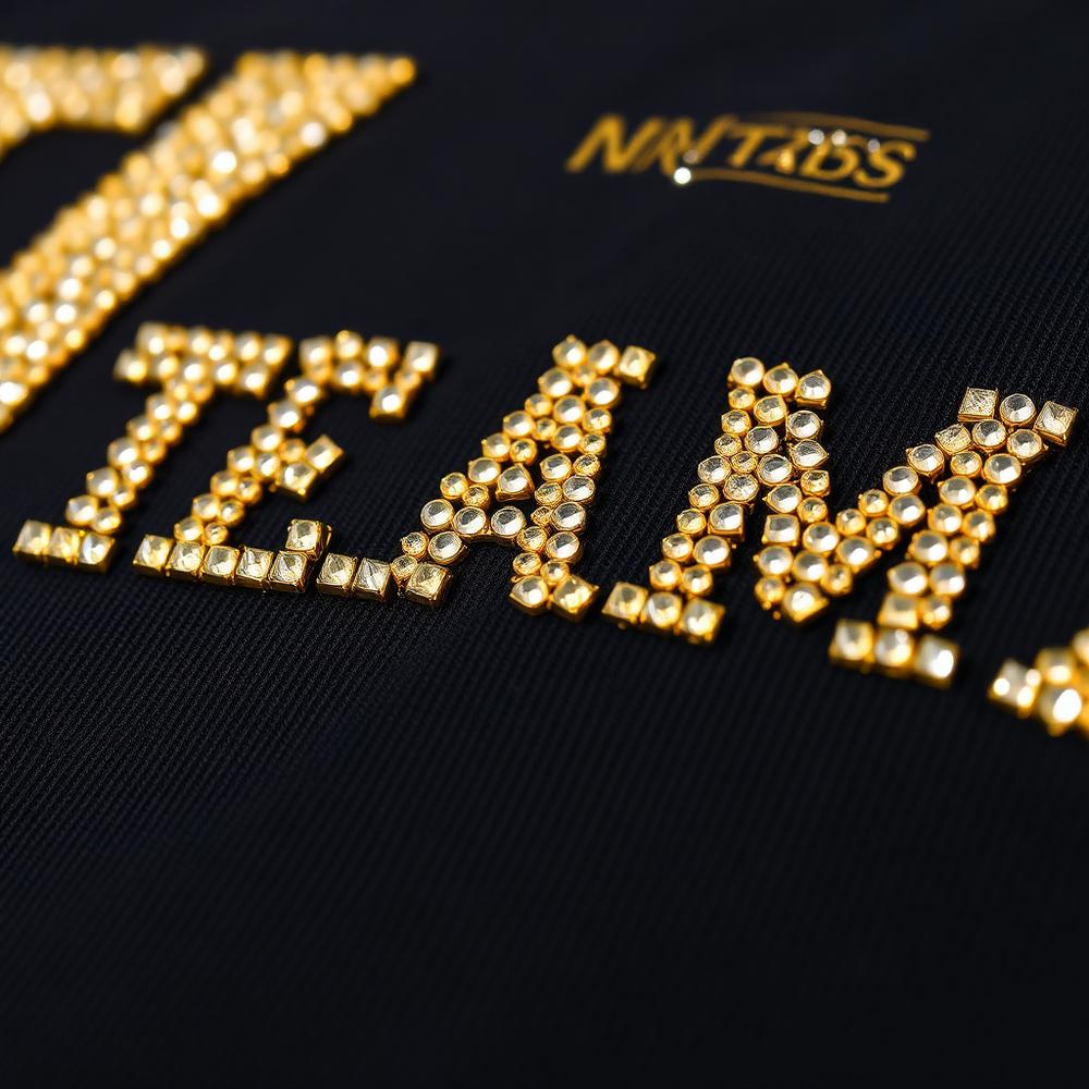 Close-up of hand-set rhinestones forming a team number on Pittsburgh custom spirit wear.